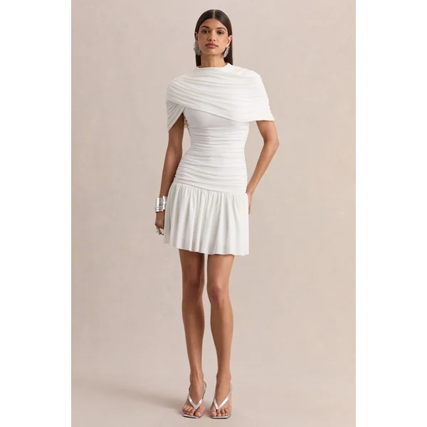 Fenella | Mini-robe blanche à col haut avec manches cape et détails froncés