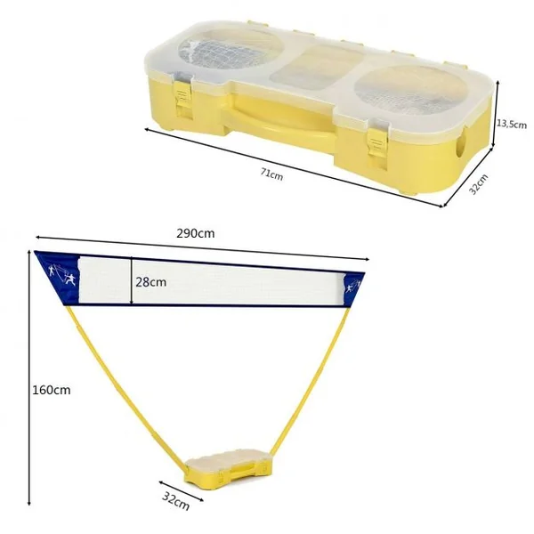 Filet de Badminton/ Volley Professionnel et Transportable avec Raquette et Volant Autoportant, 290x32x160cm, Jaune