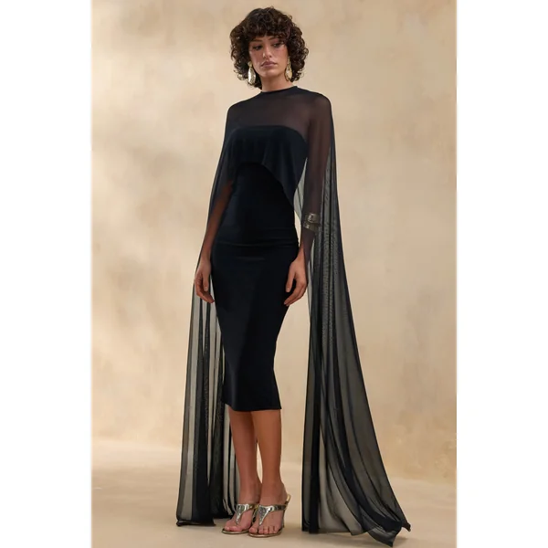 Filippa | Robe mi-longue noire à encolure ras-du-cou avec manches cape transparentes