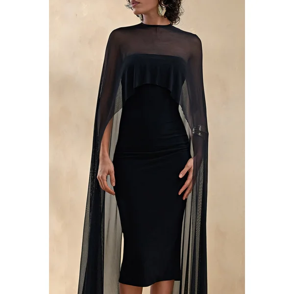 Filippa | Robe mi-longue noire à encolure ras-du-cou avec manches cape transparentes