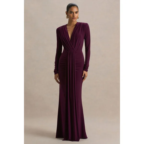 Flashy | Robe longue bordeaux à encolure plongeante avec détails froncés