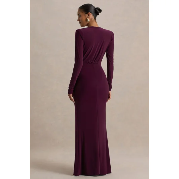 Flashy | Robe longue bordeaux à encolure plongeante avec détails froncés