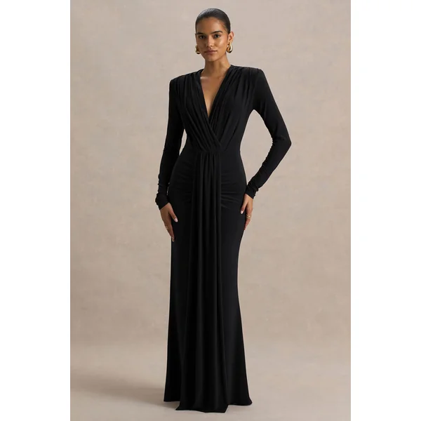 Flashy | Robe longue noire à décolleté plongeant avec détails froncés