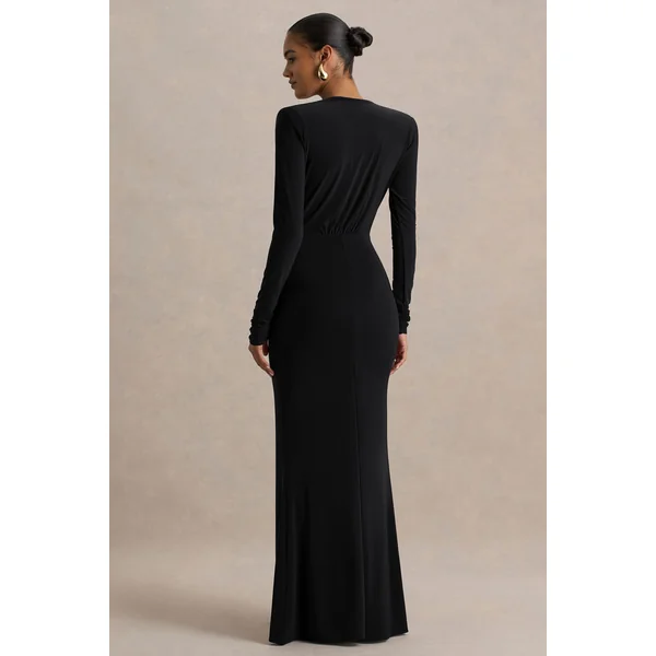 Flashy | Robe longue noire à décolleté plongeant avec détails froncés