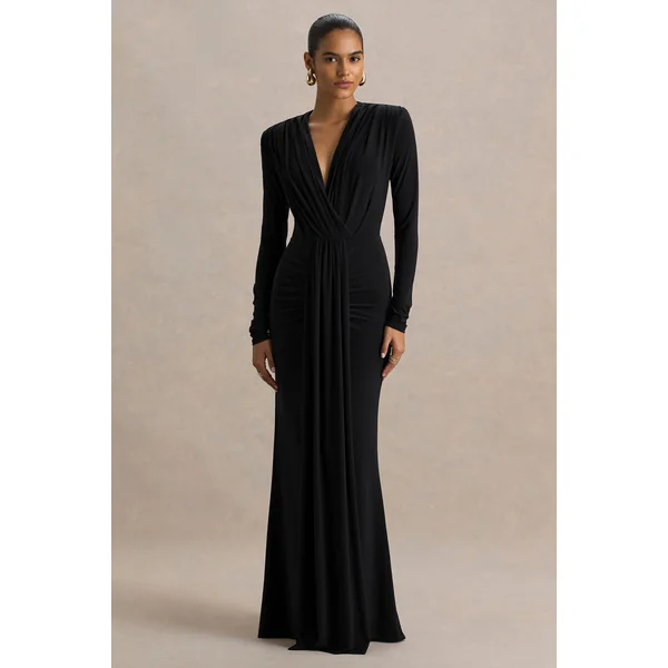 Flashy | Robe longue noire à décolleté plongeant avec détails froncés