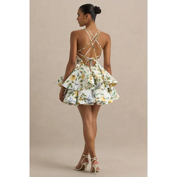 Flavia | Micro-mini-robe patineuse à imprimé floral citron décolleté plongeant et volants