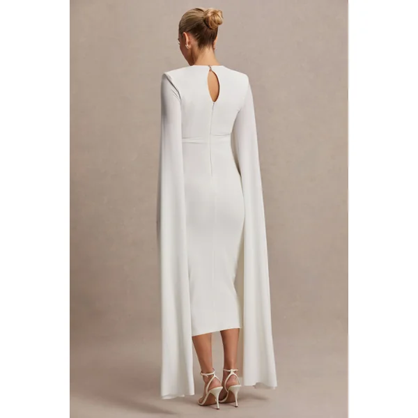Flawless | Robe de maternité mi-longue blanche à décolleté carré et manches cape