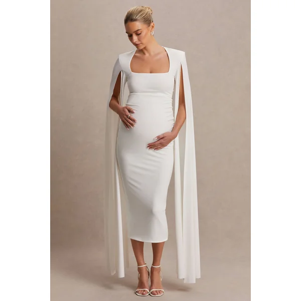 Flawless | Robe de maternité mi-longue blanche à décolleté carré et manches cape