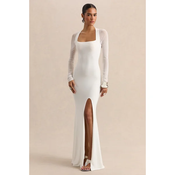 Fleurisia | Robe longue blanche à encolure carrée avec manches longues en mesh