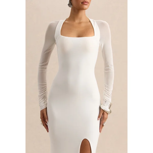 Fleurisia | Robe longue blanche à encolure carrée avec manches longues en mesh