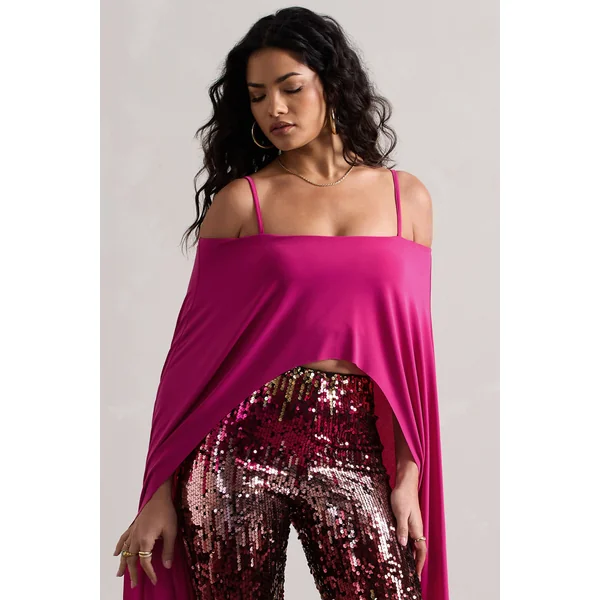 Floyd | Crop top rose encolure bardot et manches cape