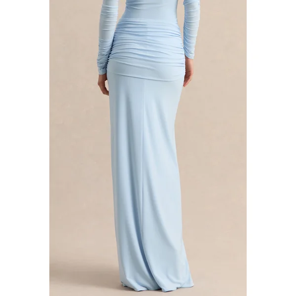 Flynne | Jupe longue portefeuille bleu avec ceinture sash