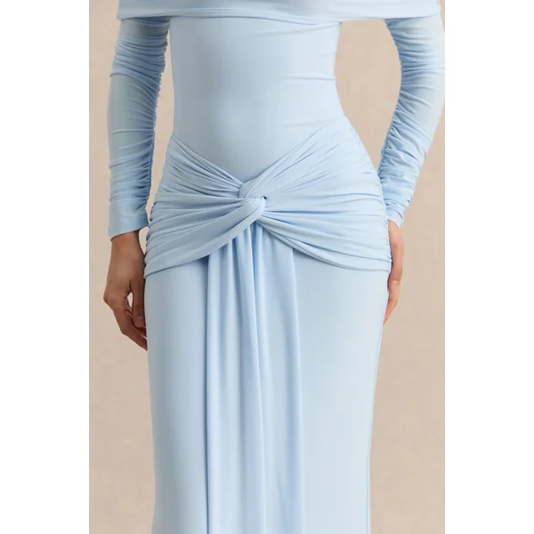 Flynne | Jupe longue portefeuille bleu avec ceinture sash