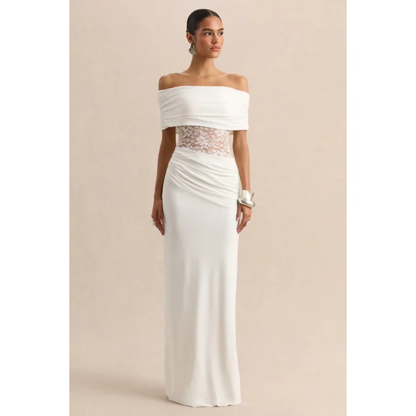 Forsya | Robe longue blanche à encolure bardot avec détails en dentelle