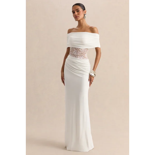 Forsya | Robe longue blanche à encolure bardot avec détails en dentelle