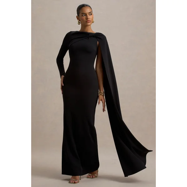Frances | Robe longue noire a col montant et détail cape