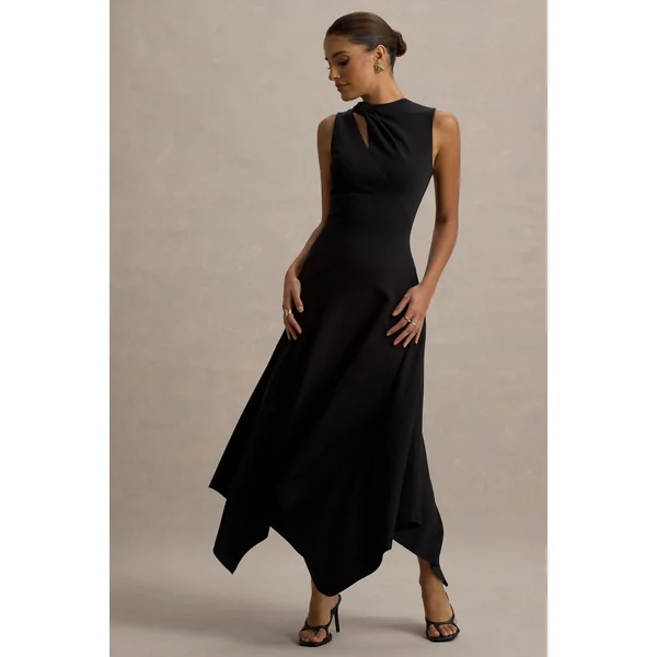 Francesca | Robe mi-longue noire nouée avec ourlet en forme de mouchoir