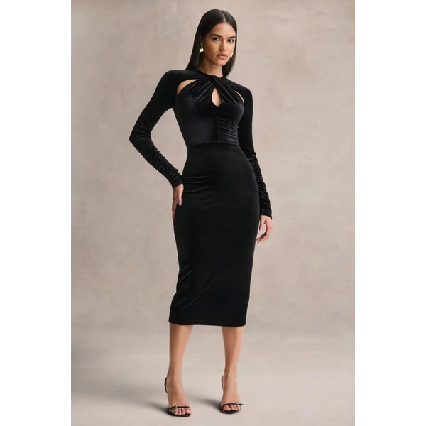 Francine | Robe mi-longue en velours noir à encolure ronde et détails à découpes