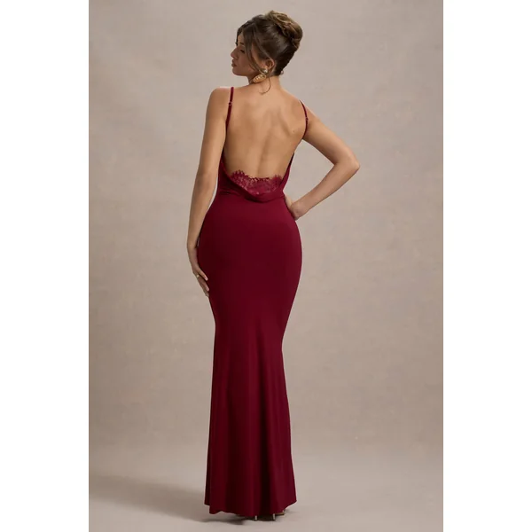 Francoise | Robe longue rouge cerise à col bénitier et dos nu avec dentelle