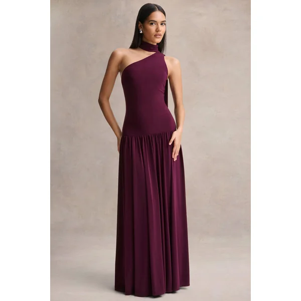 Freesia | Robe longue prune à décolleté asymétrique avec détail écharpe