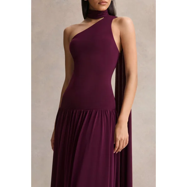 Freesia | Robe longue prune à décolleté asymétrique avec détail écharpe