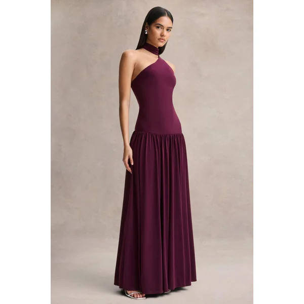 Freesia | Robe longue prune à décolleté asymétrique avec détail écharpe