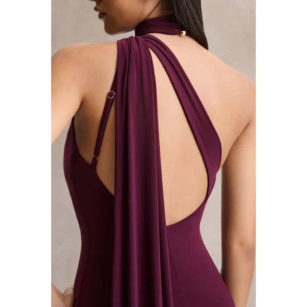 Freesia | Robe longue prune à décolleté asymétrique avec détail écharpe
