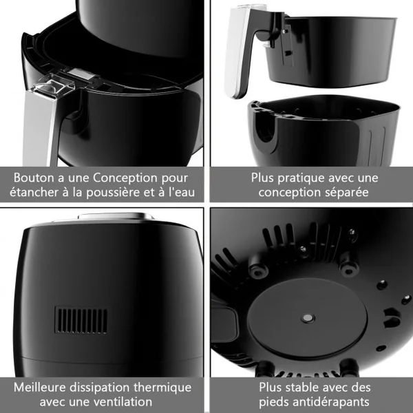 Friteuse Électrique 1800w à Air Chaud Sans Huile Capacité 53l Minuterie 60-200°c en Pp 385x305x345cm Noir