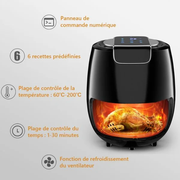 Friteuse Électrique 1800w à Air Chaud Sans Huile Capacité 53l Minuterie 60-200°c en Pp 385x305x345cm Noir