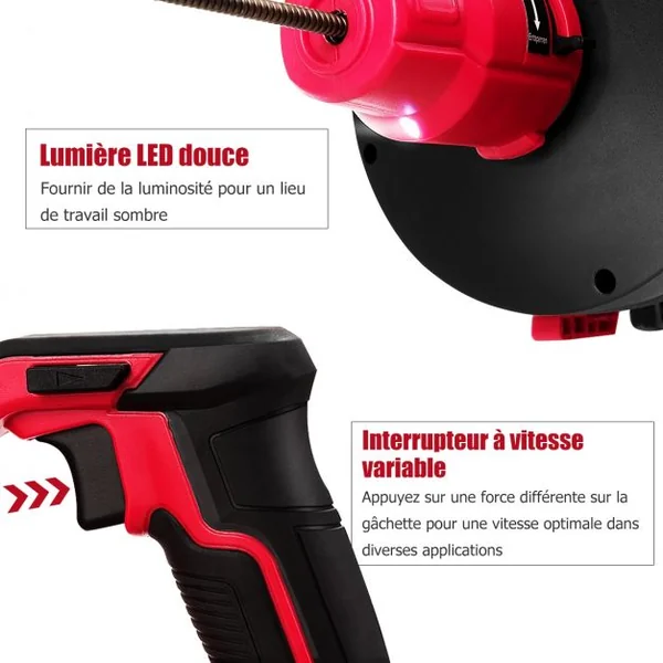Furet Déboucheur avec Fil et Batterie 2000mAh Li-Ion Nettoyage Canalisations 560 tr/min avec LED et Tige Flexible de 780cm