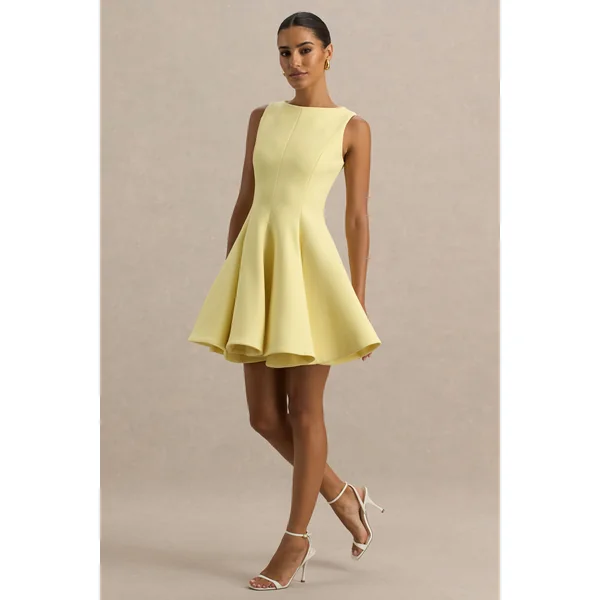 Gabrielle | Mini-Robe patineuse jaune citron à encolure bateau