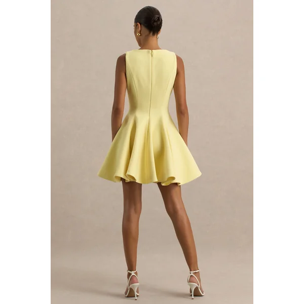 Gabrielle | Mini-Robe patineuse jaune citron à encolure bateau
