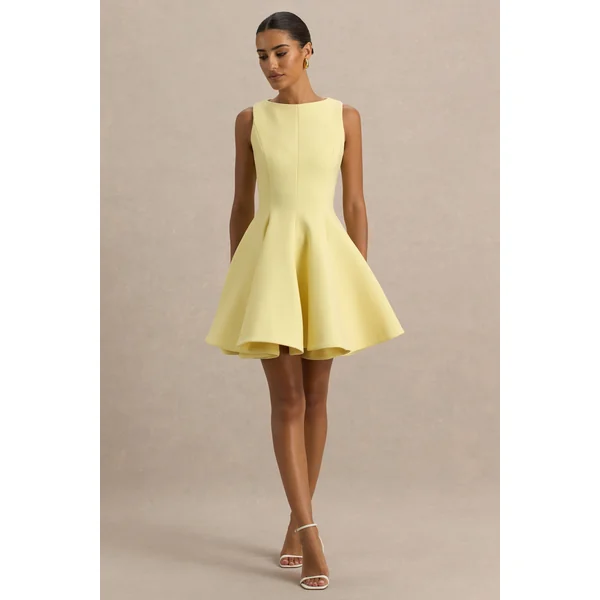 Gabrielle | Mini-Robe patineuse jaune citron à encolure bateau