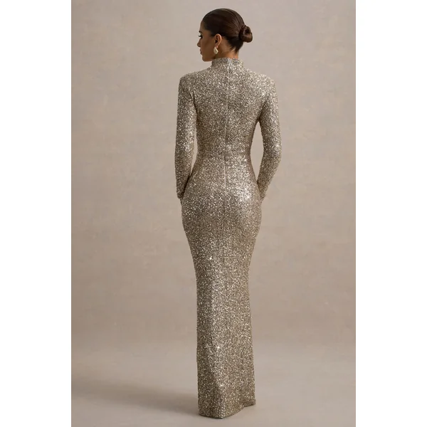 Galaxy | Robe Longue à Manches Longues et Col Roulé en Sequins Champagne