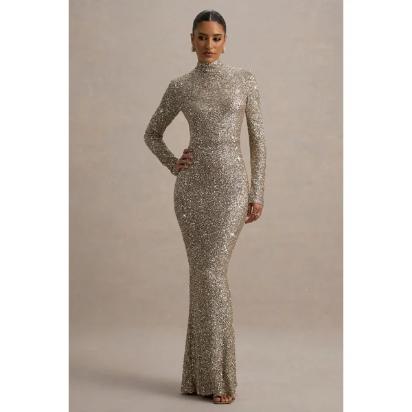 Galaxy | Robe Longue à Manches Longues et Col Roulé en Sequins Champagne