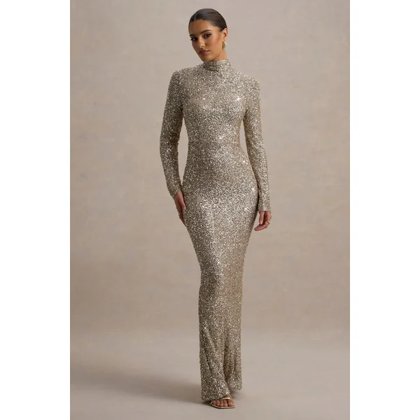 Galaxy | Robe Longue à Manches Longues et Col Roulé en Sequins Champagne