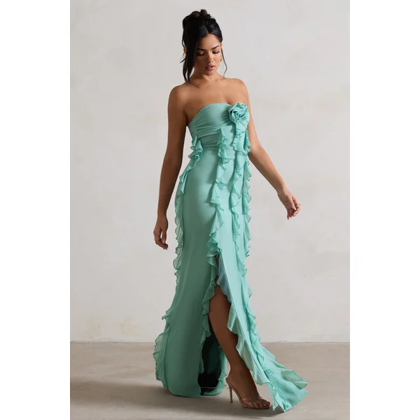 Gardenia | Robe longue vert menthe sans bretelles froncée et corsage