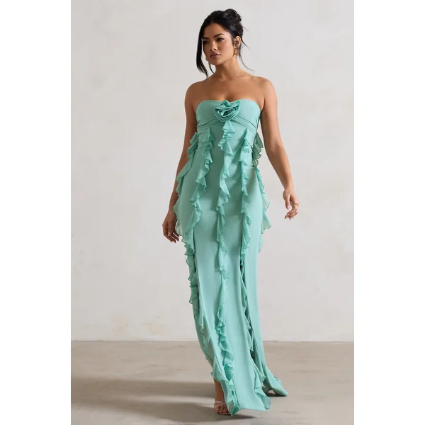 Gardenia | Robe longue vert menthe sans bretelles froncée et corsage