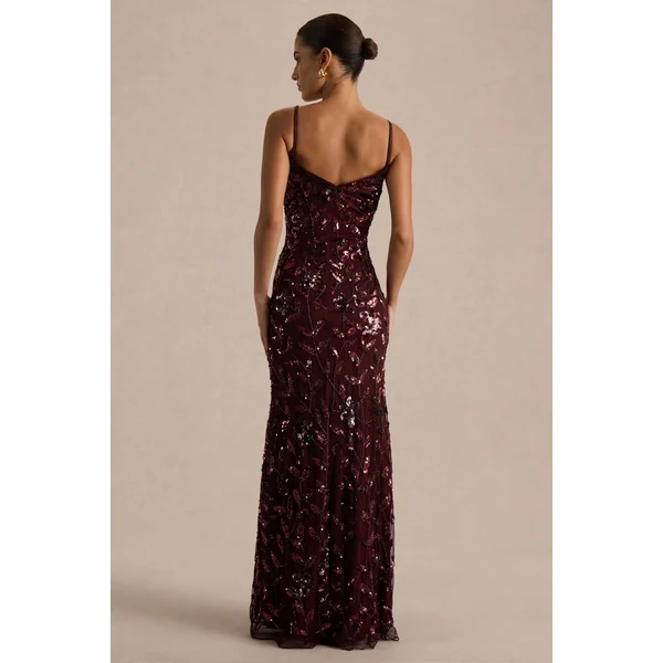 Gemini | Robe longue à bretelles ornée de sequins et motif floral bordeaux