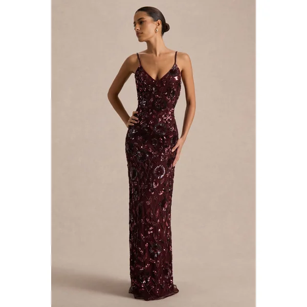 Gemini | Robe longue à bretelles ornée de sequins et motif floral bordeaux