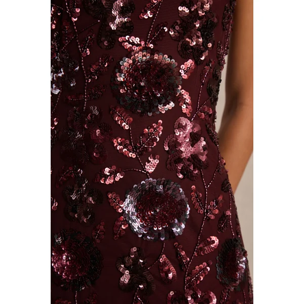 Gemini | Robe longue à bretelles ornée de sequins et motif floral bordeaux