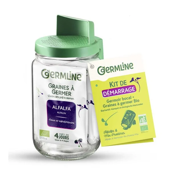 Germoir bocal et graines à germer alfalfa et mix protéines 2x30g