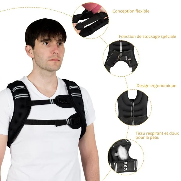 Gilet Lesté de 5 Kg Réglable pour Entrainement et Gilet avec Poids pour Exercice de Musculation en Néoprène Noir