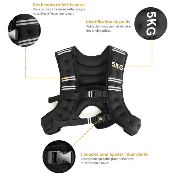 Gilet Lesté de 5 Kg Réglable pour Entrainement et Gilet avec Poids pour Exercice de Musculation en Néoprène Noir