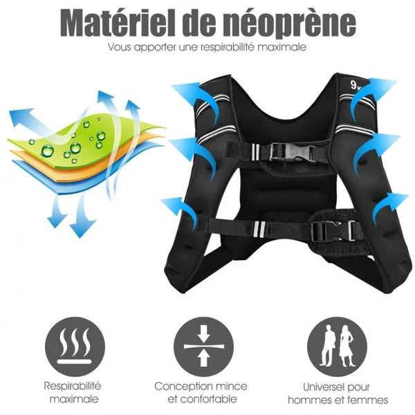 Gilet Lesté de 9KG avec Sangles Réglables pour Gym Formation Liberté de Mouvement Optimale