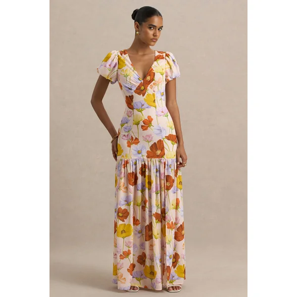 Ginny | Robe longue fendue à manches bouffantes imprimé floral éclatant