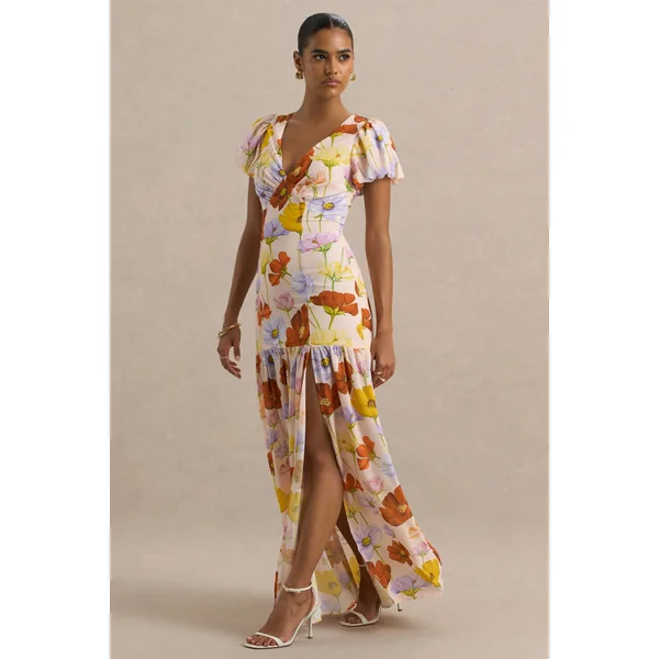 Ginny | Robe longue fendue à manches bouffantes imprimé floral éclatant