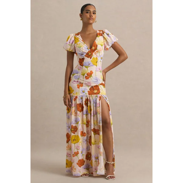 Ginny | Robe longue fendue à manches bouffantes imprimé floral éclatant