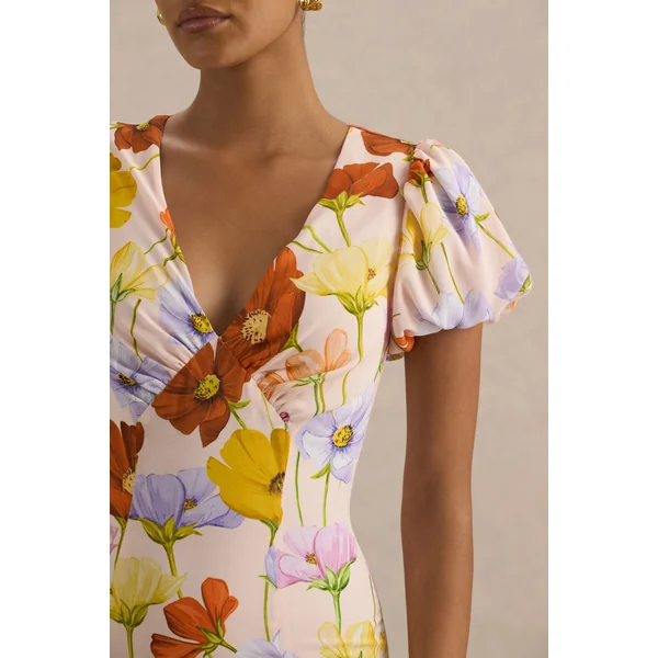 Ginny | Robe longue fendue à manches bouffantes imprimé floral éclatant