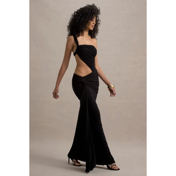 Giovanna | Robe longue asymétrique noire à jupe portefeuille
